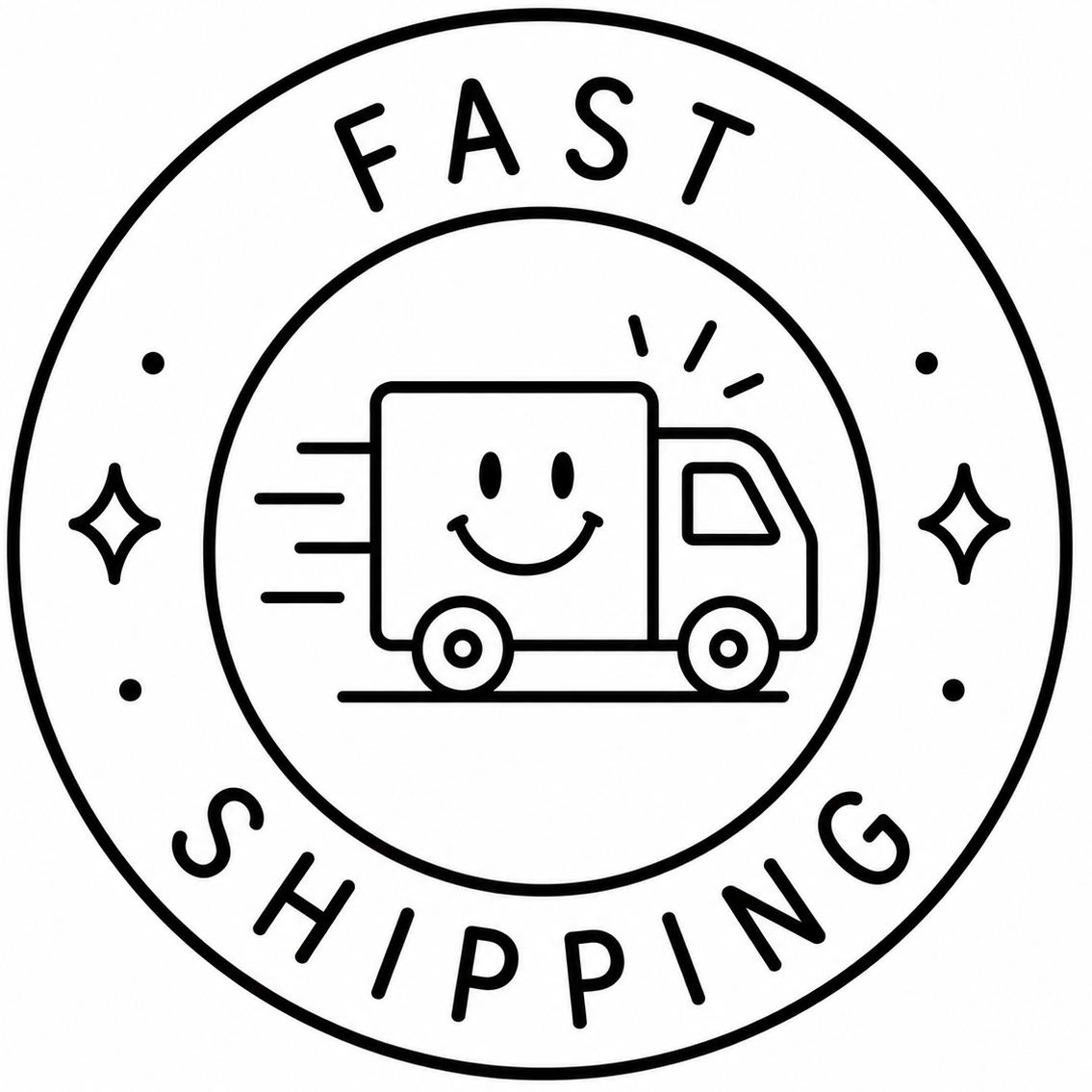 A circular black and white line art icon featuring a smiling delivery truck with the words 'FAST SHIPPING' written around it, on a plain white background.