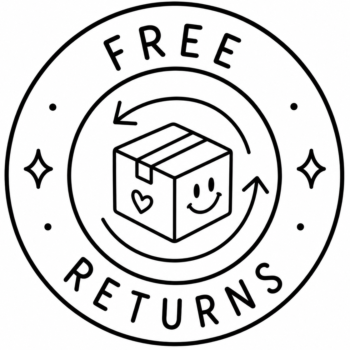 A circular black and white line art graphic featuring a smiling cardboard box with a heart on the side, surrounded by arrows, with the text 'FREE RETURNS' on a plain white background.